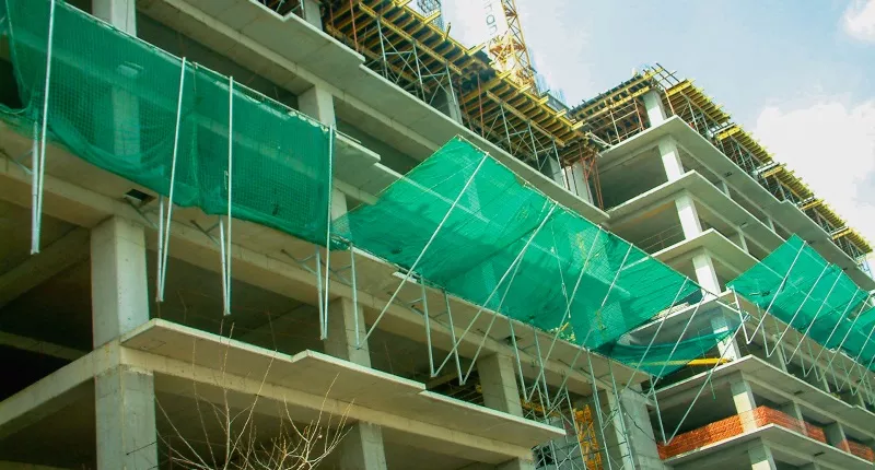 Construction safety nets installed at building site in Hyderabad